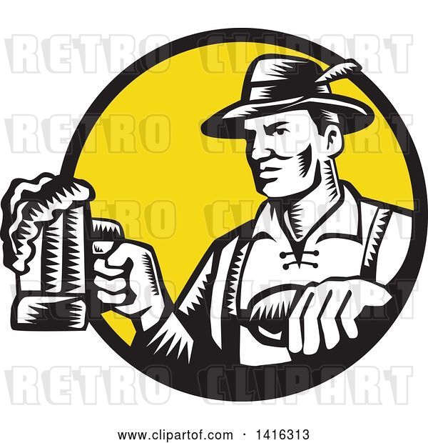 Vector Clip Art of Retro Woodcut German Guy Wearing Lederhosen and Raising a Beer Mug for a Toast, Emerging from a Black and Yellow Circle