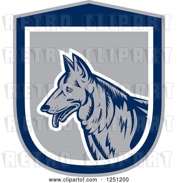 Vector Clip Art of Retro Woodcut German Shepherd Dog in a Gray and Blue Shield