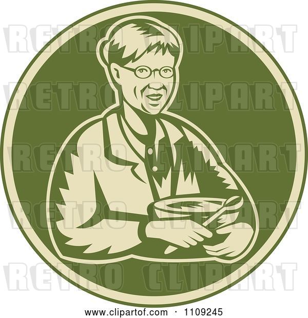Vector Clip Art of Retro Woodcut Granny Holding a Mixing Bowl in a Green Circle