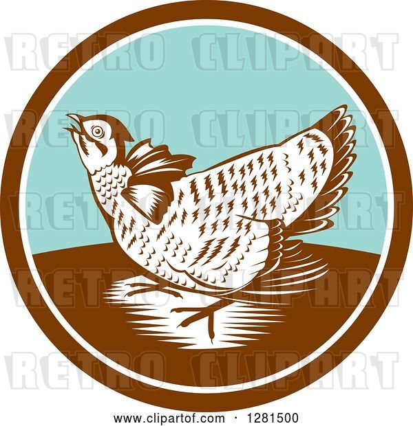 Vector Clip Art of Retro Woodcut Greater Prairie Chicken in a Brown White and Turquoise Circle