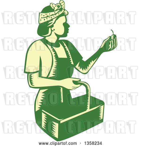 Vector Clip Art of Retro Woodcut Green and Yellow Female Farm Worker Picking Cherries