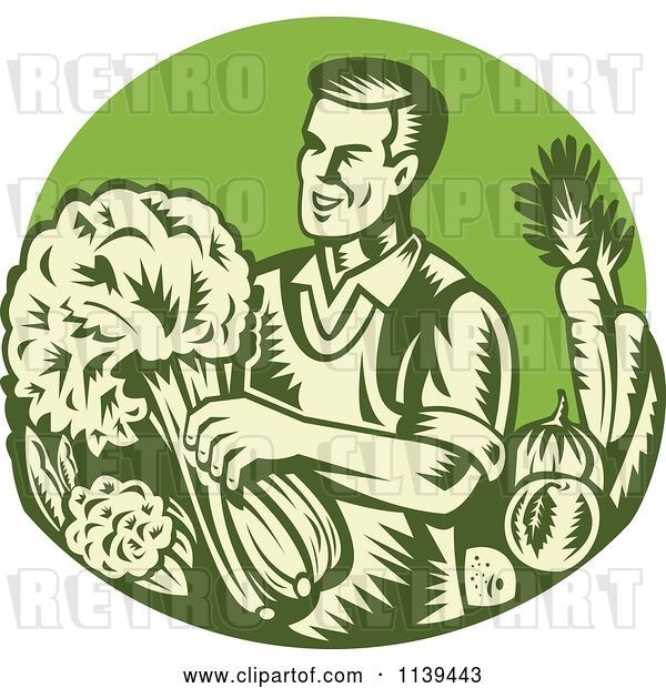 Vector Clip Art of Retro Woodcut Green Organic Farmer with with Produce