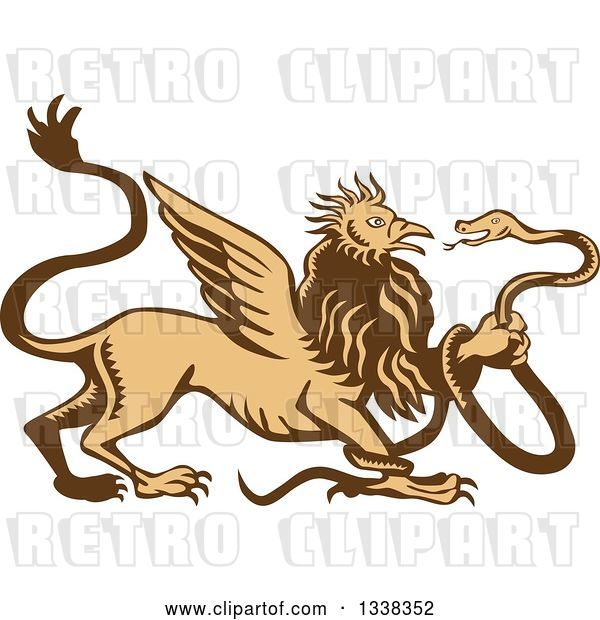 Vector Clip Art of Retro Woodcut Griffin Creature Holding a Snake