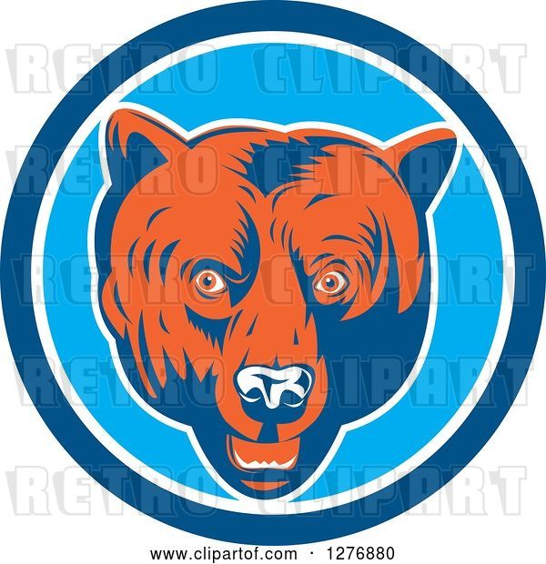 Vector Clip Art of Retro Woodcut Grizzly Bear Head in a Blue and White Circle