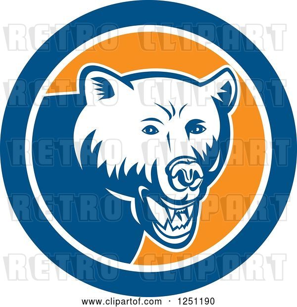 Vector Clip Art of Retro Woodcut Grizzly Bear in a Blue and Orange Circle