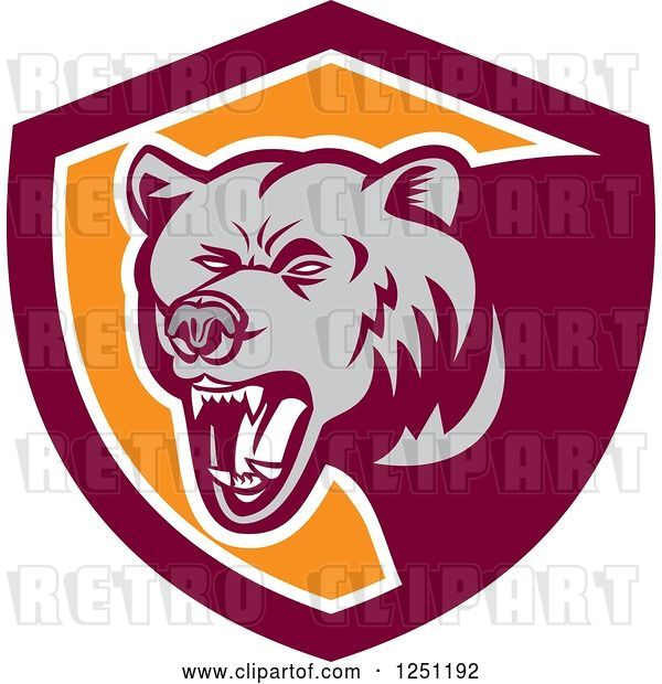 Vector Clip Art of Retro Woodcut Grizzly Bear Roaring in a Maroon and Orange Shield