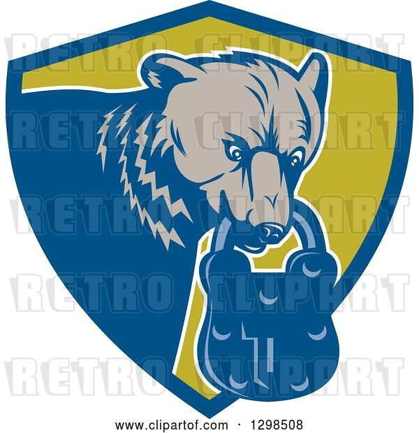Vector Clip Art of Retro Woodcut Grizzly Bear with a Padlock in His Mouth, Emerging from a Blue and Green Shield