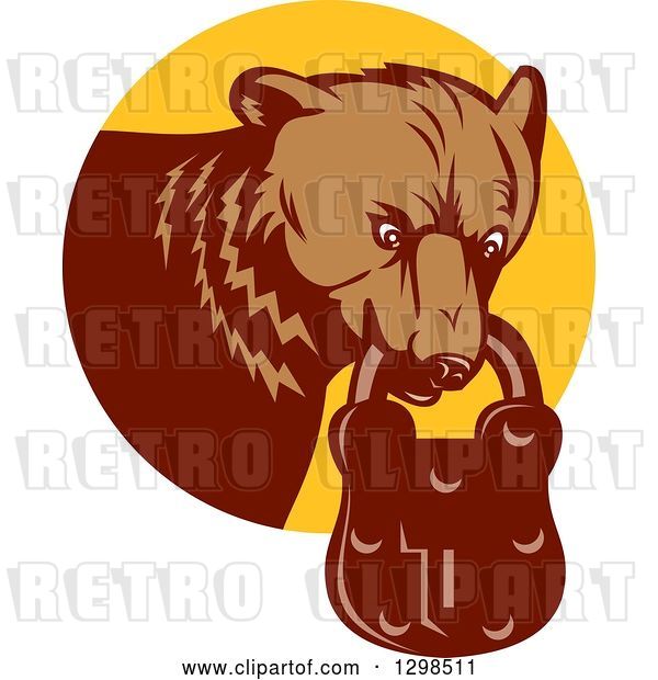 Vector Clip Art of Retro Woodcut Grizzly Bear with a Padlock in His Mouth, Emerging from a Yellow Circle