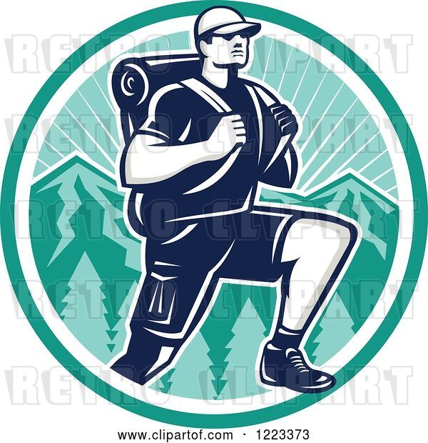 Vector Clip Art of Retro Woodcut Guy Hiking over Mountains in a Turquoise Circle