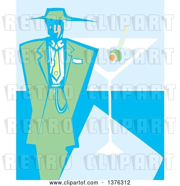 Vector Clip Art of Retro Woodcut Guy in a Green Zoot Suit over a Martini Cocktail