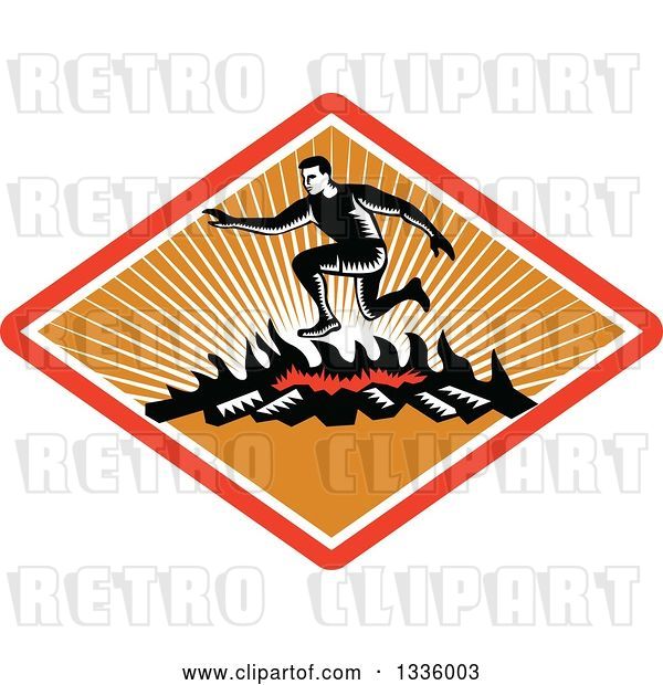 Vector Clip Art of Retro Woodcut Guy Jumping over a Fire in an Obstacle Course Inside a Red White and Orange Ray Diamond