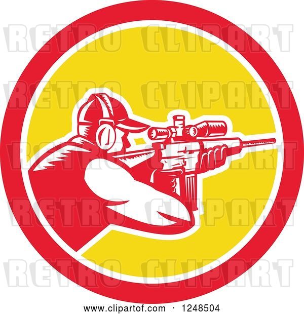 Vector Clip Art of Retro Woodcut Guy Shooting a Rifle with a Telescope in a Circle