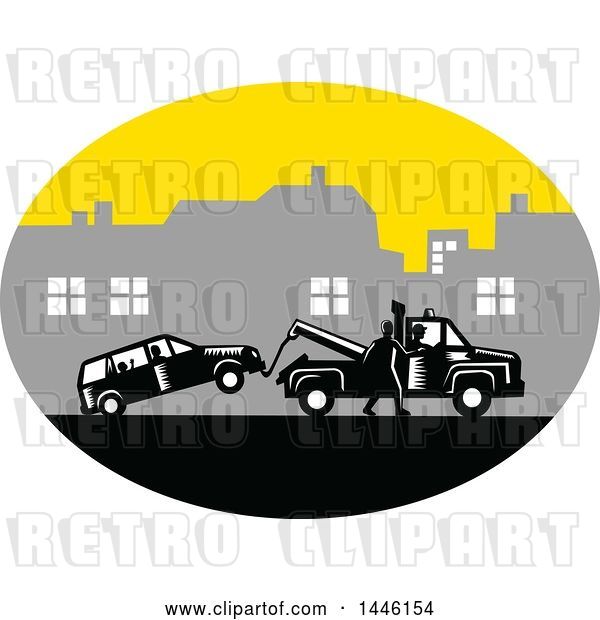 Vector Clip Art of Retro Woodcut Guy Towing a Car on a City Roadside