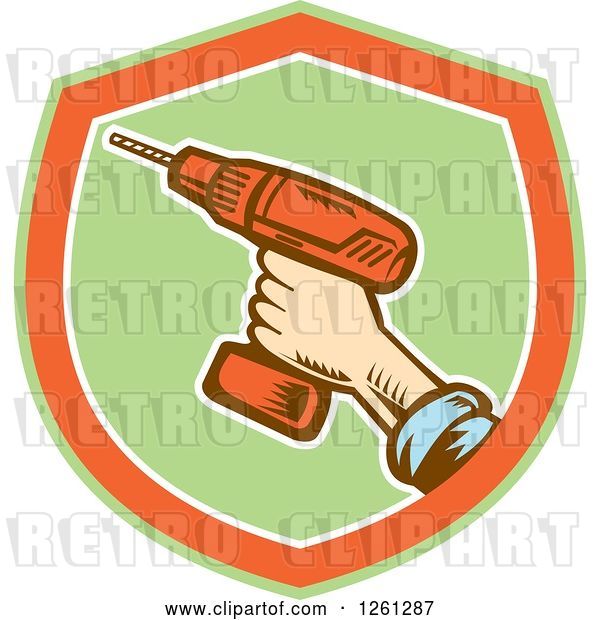 Vector Clip Art of Retro Woodcut Hand Holding a Cordless Drill in a Green Orange and White Shield