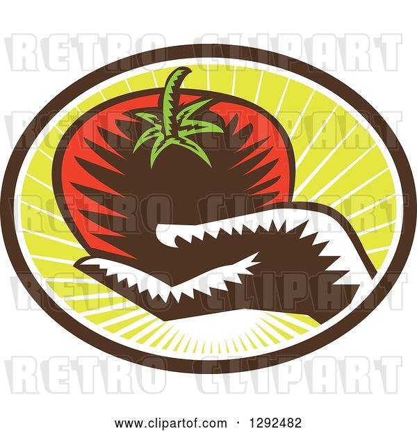 Vector Clip Art of Retro Woodcut Hand Holding a Plump Tomato in a Brown White and Green Sunshine Oval