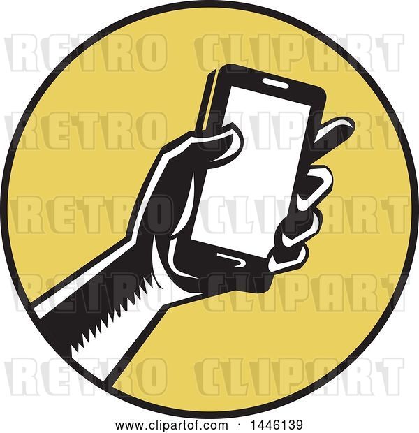 Vector Clip Art of Retro Woodcut Hand Holding a Smart Phone in a Yellow and Black Circle