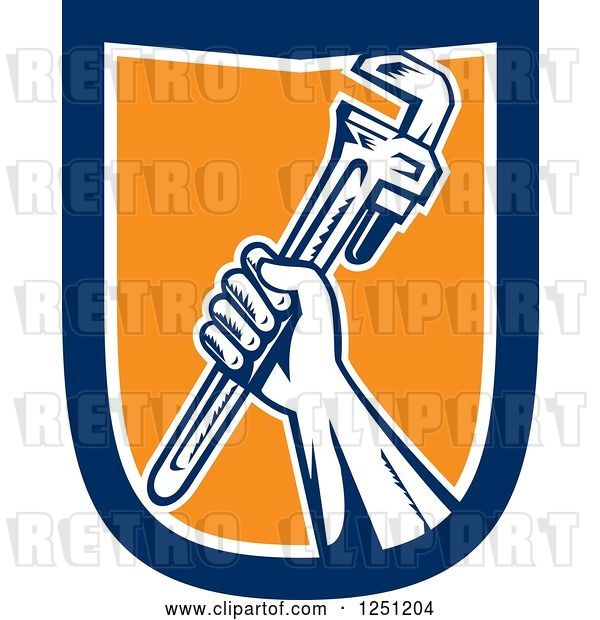 Vector Clip Art of Retro Woodcut Hand Holding up a Spanner Wrench in a Blue White and Orange Shield