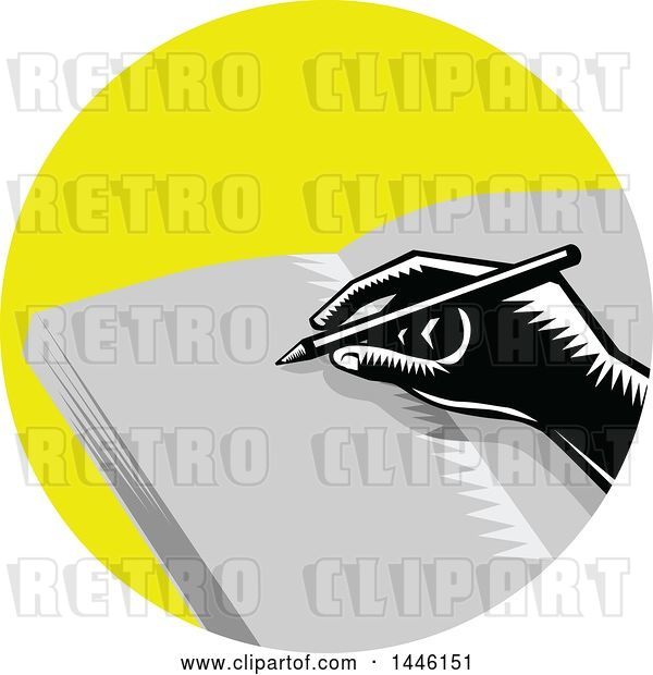 Vector Clip Art of Retro Woodcut Hand Writing in a Journal in a Yellow Circle
