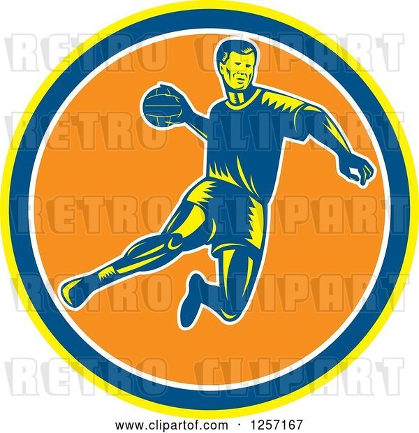 Vector Clip Art of Retro Woodcut Handball Player Jumping over a Yellow Blue White and Orange Circle