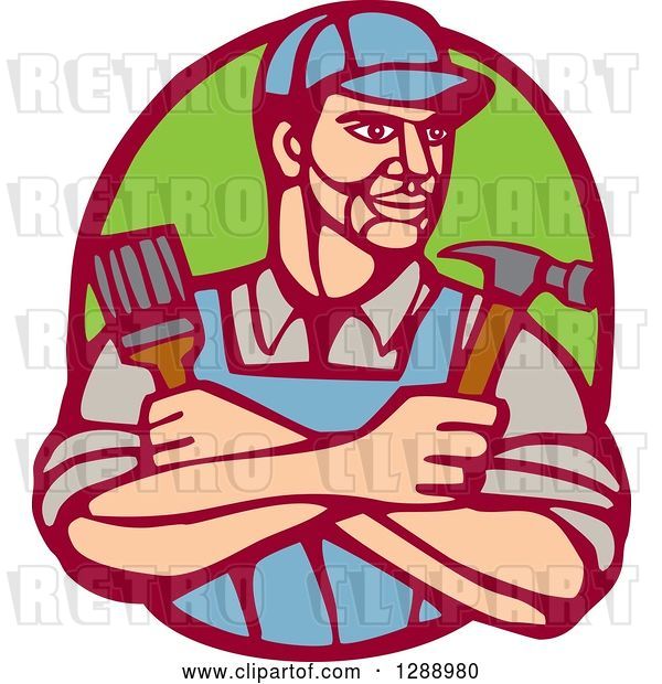 Vector Clip Art of Retro Woodcut Handy Guy Holding a Paintbrush and Hammer in a Marroon and Green Oval
