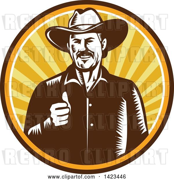 Vector Clip Art of Retro Woodcut Happy Cowboy Giving a Thumb up in a Sunset Circle