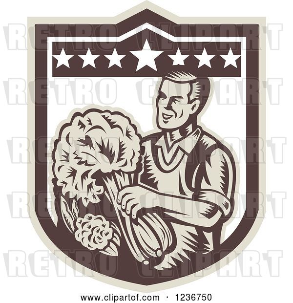 Vector Clip Art of Retro Woodcut Happy Male Grocer with Produce in a Shield