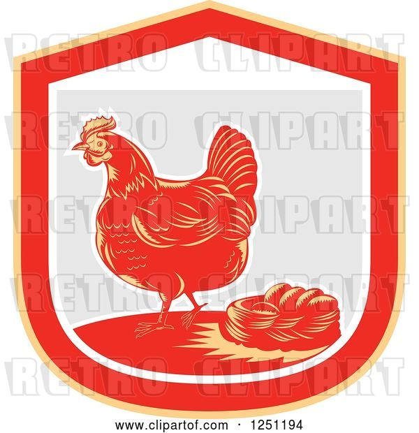 Vector Clip Art of Retro Woodcut Hen and Chicken Eggs in a Nest in a Gray and Red Shield