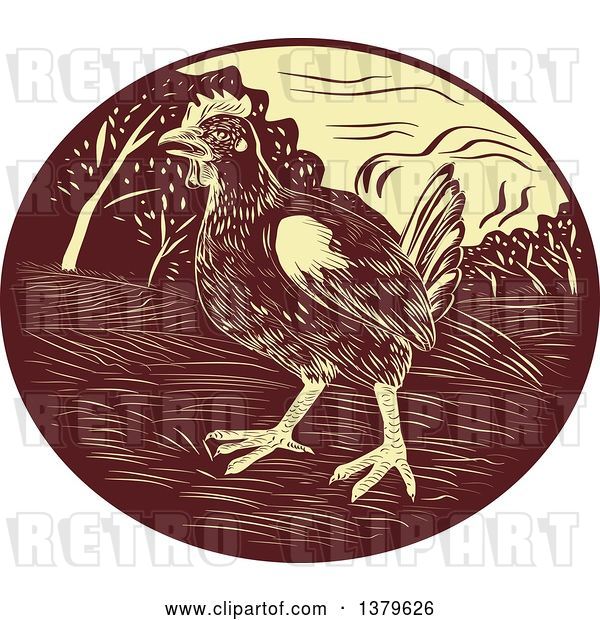Vector Clip Art of Retro Woodcut Hen in a Brown and Yellow Oval