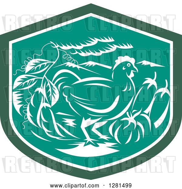 Vector Clip Art of Retro Woodcut Hen with Eggplants, Beans and Squash in a Green White and Turquoise Shield