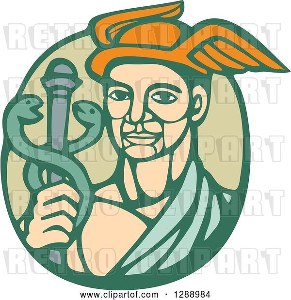 Vector Clip Art of Retro Woodcut Hermes with a Caduceus in a Green Circle