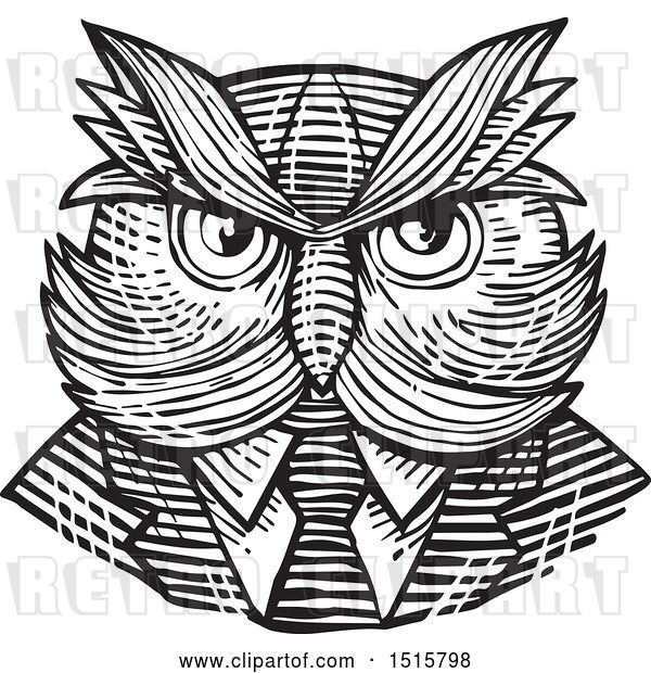 Vector Clip Art of Retro Woodcut Hipster Owl in a Suit and Tie