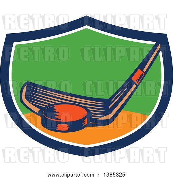 Vector Clip Art of Retro Woodcut Hockey Stick and Puck in a Blue White Orange and Green Shield