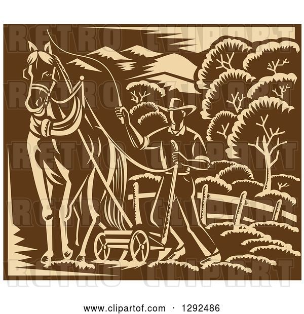 Vector Clip Art of Retro Woodcut Horse and Farmer Plowing a Field in Tan and Brown