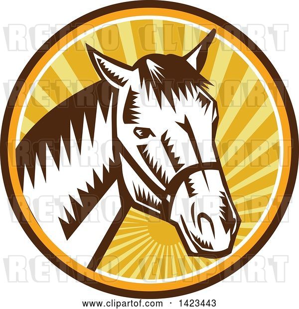 Vector Clip Art of Retro Woodcut Horse Head Wearing a Bridle in a Sunset Circle