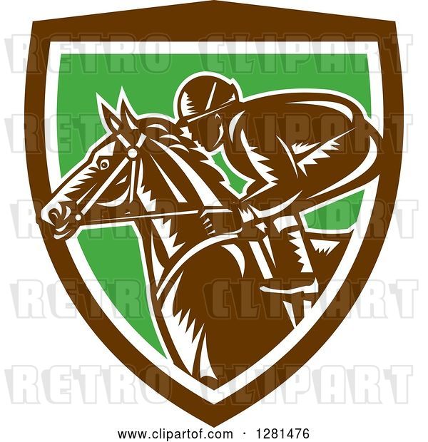 Vector Clip Art of Retro Woodcut Horse Racing Jockey in a Brown White and Green Shield