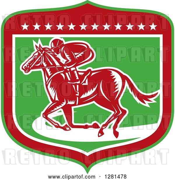 Vector Clip Art of Retro Woodcut Horse Racing Jockey in a Green Red and White Shield with Stars