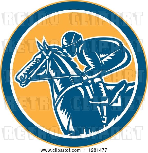 Vector Clip Art of Retro Woodcut Horse Racing Jockey in a Yellow Blue and White Circle