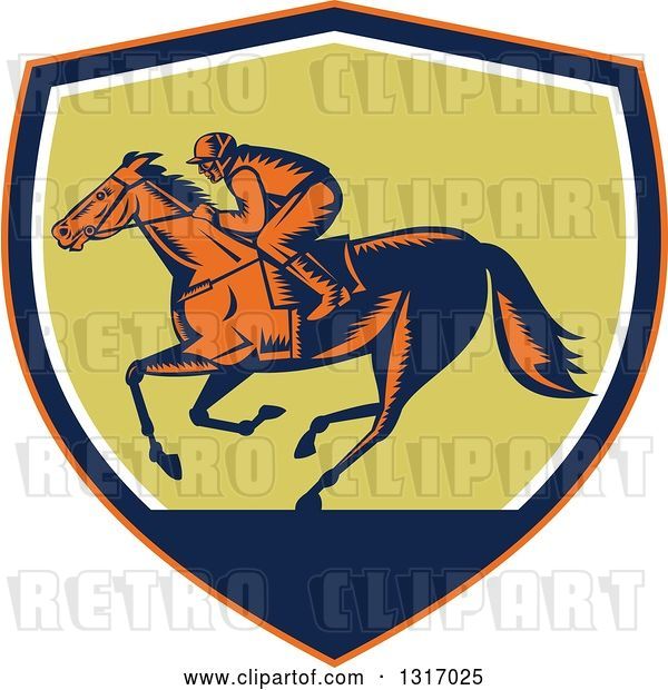 Vector Clip Art of Retro Woodcut Horse Racing Jockey in an Orange, Navy Blue, White and Green Shield