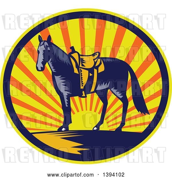 Vector Clip Art of Retro Woodcut Horse with a Western Saddle in a Sunset Oval