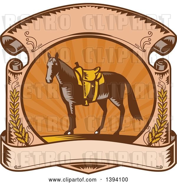 Vector Clip Art of Retro Woodcut Horse with a Western Saddle in a Sunset Scroll
