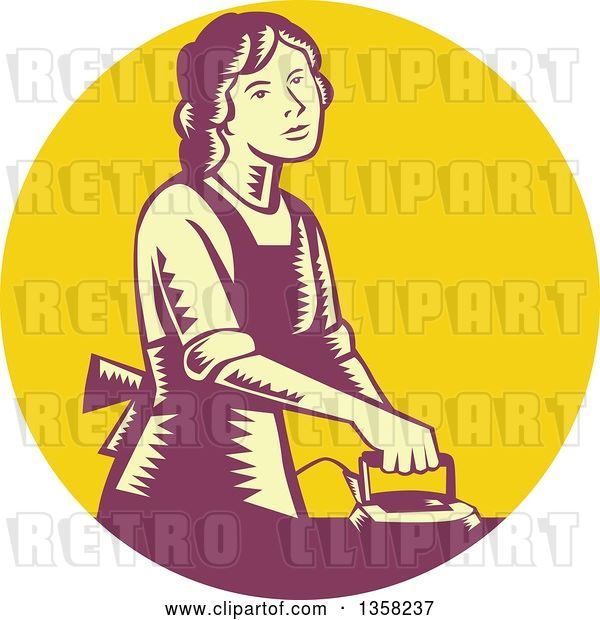 Vector Clip Art of Retro Woodcut House Wife or Maid Ironing Laundry in a Yellow and Purple Circle