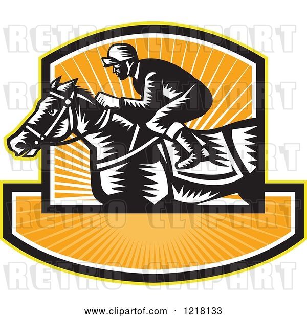 Vector Clip Art of Retro Woodcut Jockey on a Horse in a Shield of Orange Sunshine