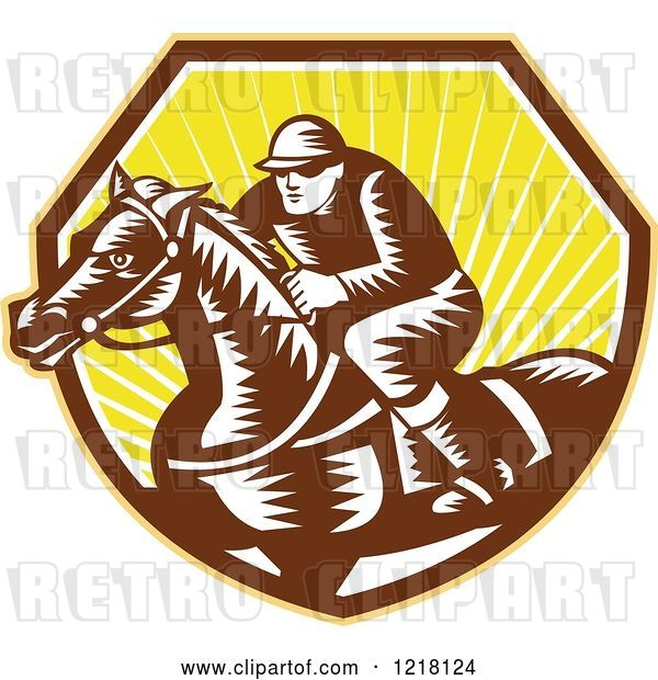 Vector Clip Art of Retro Woodcut Jockey on a Horse in a Shield of Sunshine