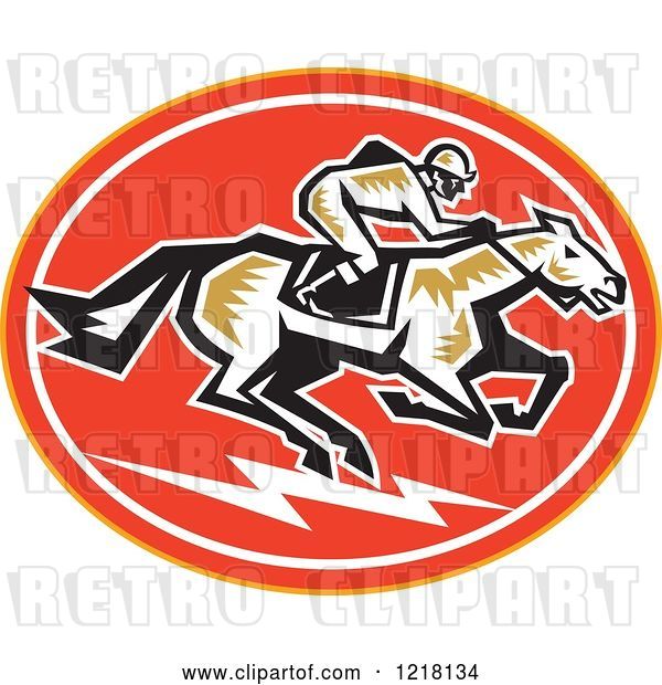 Vector Clip Art of Retro Woodcut Jockey on a Horse in an Oval