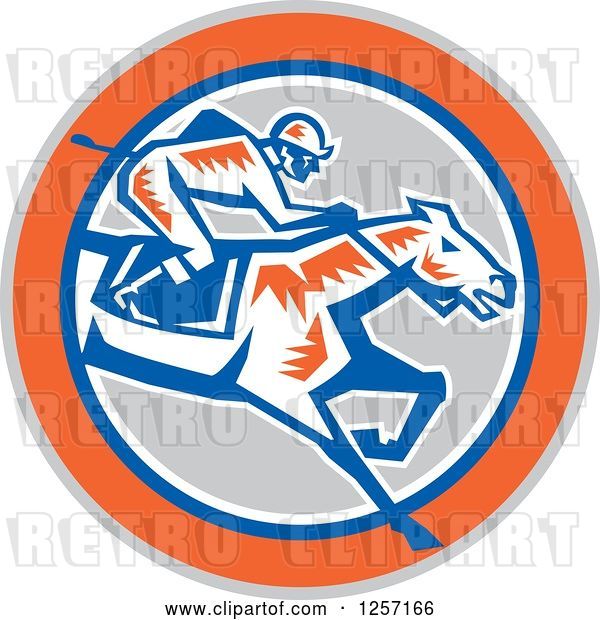 Vector Clip Art of Retro Woodcut Jockey Racing a Horse in a Gray Orange Blue and White Circle