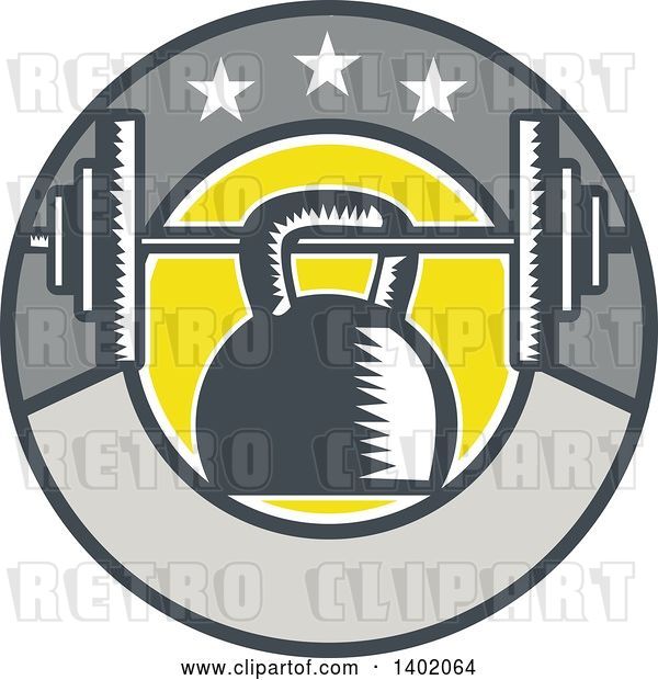 Vector Clip Art of Retro Woodcut Kettlebell Hanging on a Barbell in a Circle with Stars