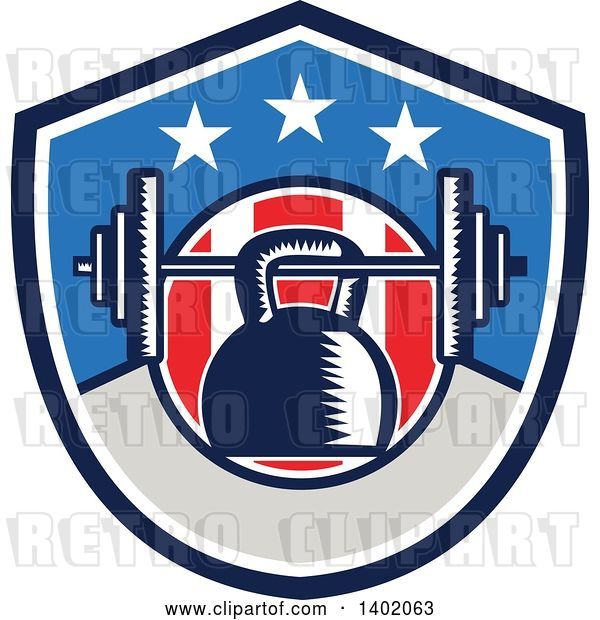 Vector Clip Art of Retro Woodcut Kettlebell Hanging on a Barbell in an American Shield