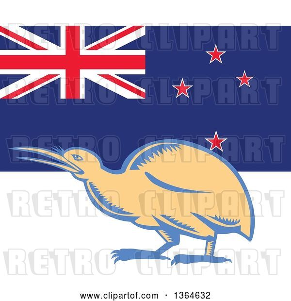 Vector Clip Art of Retro Woodcut Kiwi Bird over a New Zealand Flag