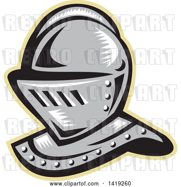 Vector Clip Art of Retro Woodcut Knight Helmet Outlined in Tan