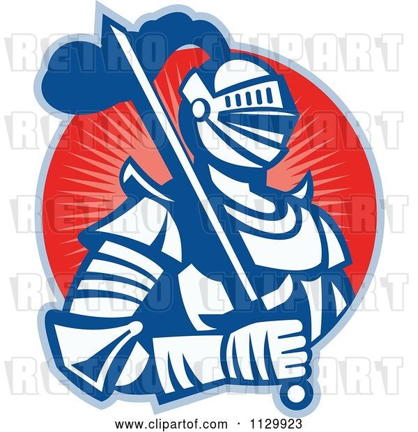 Vector Clip Art of Retro Woodcut Knight in Armour over a Red Circle